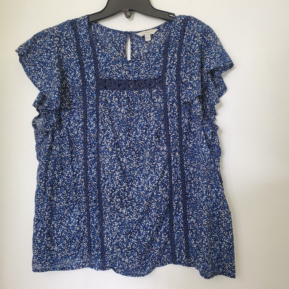 Lucky Brand Navy Blue Flutter Sleeve Cotton Top